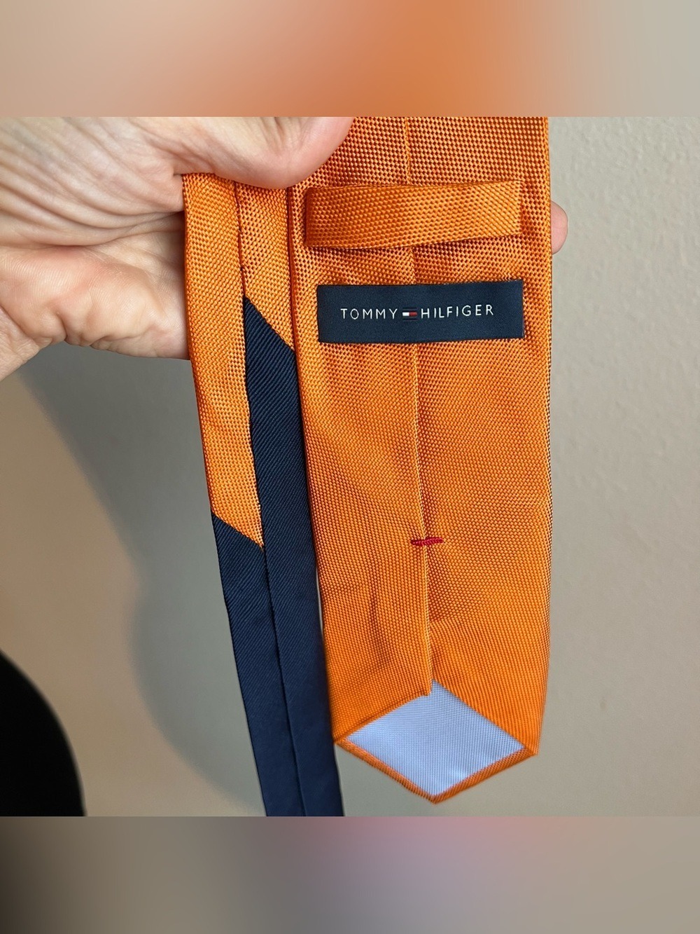 Tommy Hilfiger Orange and Navy Microtexture Silk Tie Gameday Collegiate Formal